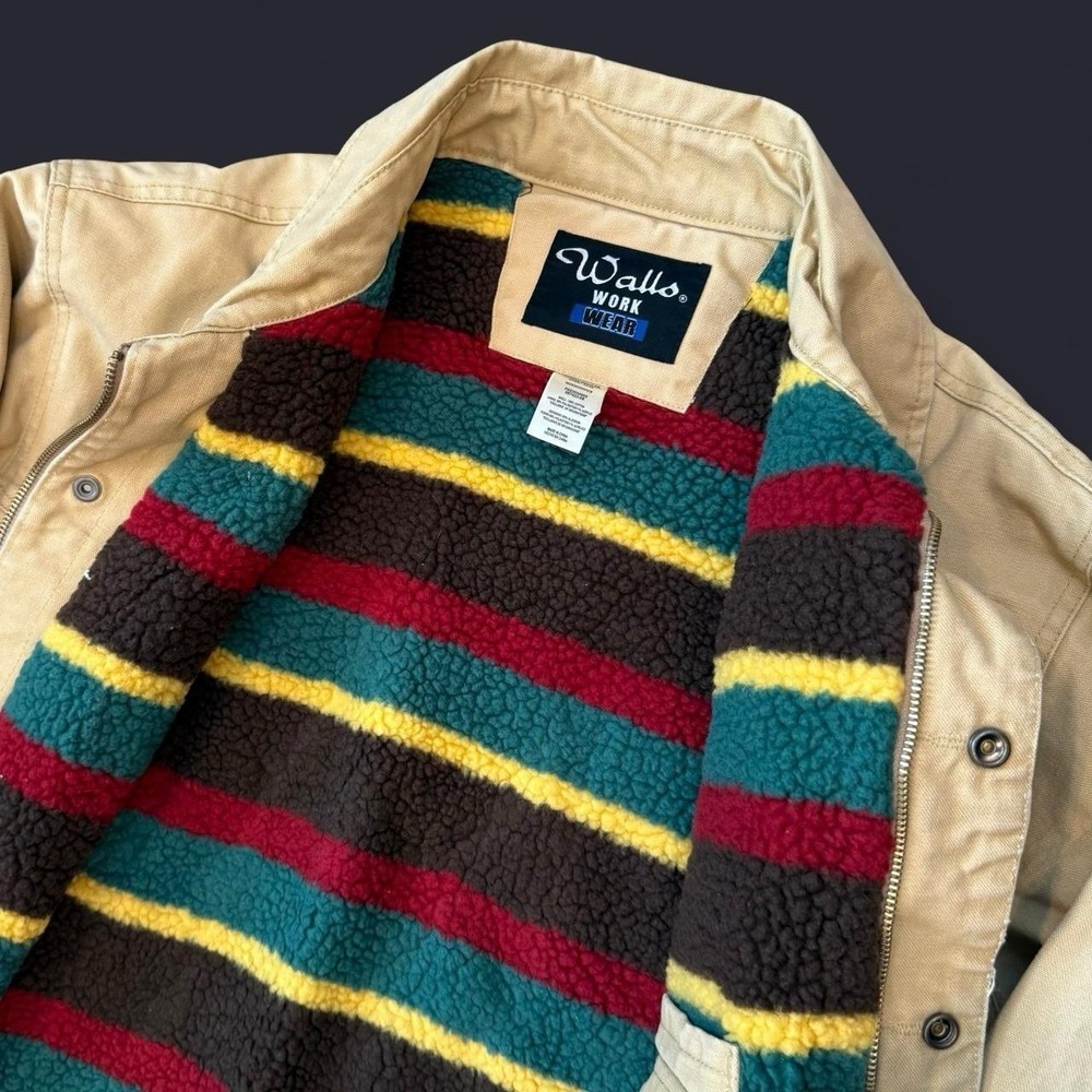 Vintage Walls Striped Sherpa Lined Tan Canvas Trucker Jacket Men's Large 90s Y2K